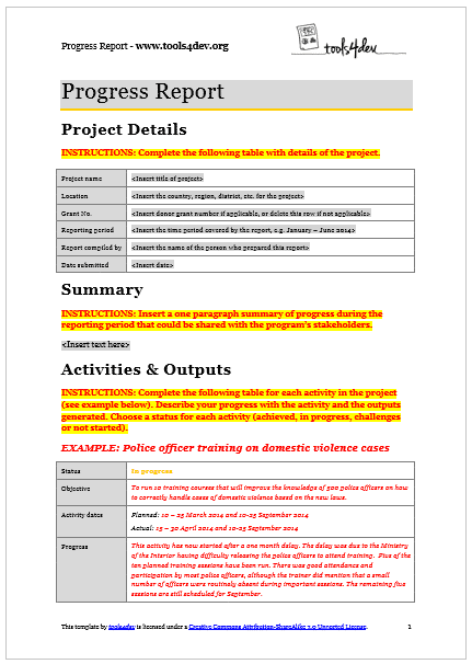 Progress Report Template Tools4dev