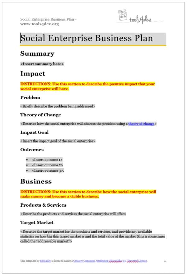 Social Enterprise Business Plan Template Tools4dev